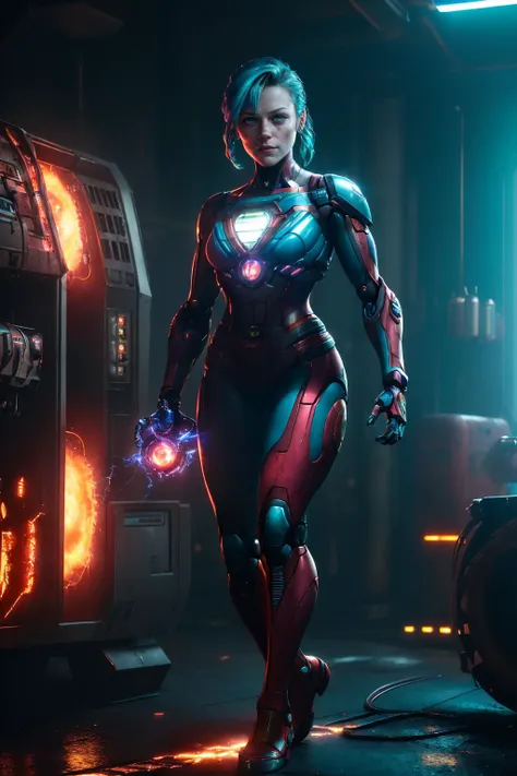 realistic, cinematic photo, ((melissa benoist) as cyberpunk JaspionQuiron character,  (rusty, damage  cybernetic arm),  cyberpunk style,  dynamic posture ,    insane level of details,  neon light,  trending on artstation, cinematic light, side lighting, best shadow,  (SteelHeartQuiron character),  explosion, fire, electricity, lightning, rampage, metal, wires, tech, futuristic, (explosed body),   realistic photo, 1girl female star ship technician, holding futuristic repair equipment, teal hair, red eyes, tall, beautiful face, freckles, wrinkled skin,, <lora:quiron_Jaspion_v1_Lora:0.47>,<lora:quiron_SteelHeart_V1_Lora:0.28>