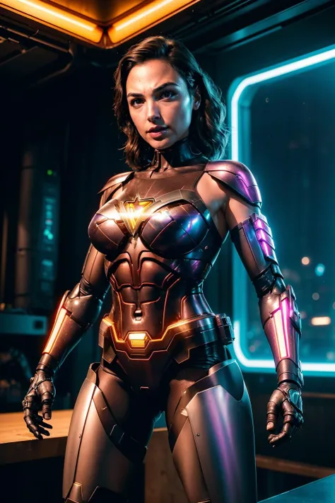 realistic, cinematic photo, ((gal gadot)) as cyberpunk JaspionQuiron character, (rusty, damage cybernetic arm), (cyberpunk style), dynamic posture , neon light, trending art, trending on artstation, Dappled Light, analog style, cinematic light, side lighting, best shadow, (SteelHeartQuiron character, Sorayama Style, metallic chrome), explosion, fire, electricity, lightning, rampage, <lora:quiron_Jaspion_v1_Lora:0.47>,<lora:quiron_SteelHeart_V1_Lora:0.38>