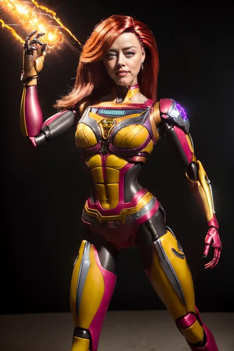 full-body,elf,portrait,a mshn photo,light armor,Tropical moist forest landscape,low ponytail,masterpiece,8k,highest quality,intricate,ornamented,action posture,cinematic lighting,Chrome Pink,highly detailed fabric,<lora:mshn:1>,