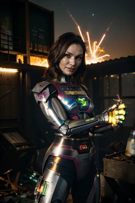 realistic, cinematic photo , (Famke Janssen) as cyberpunk JaspionQuiron character, with rusty and damage cybernetic arm, (cyberpunk style), dynamic posture , neon light, trending art, trending on artstation, Dappled Light, analog style, cinematic light, side lighting, best shadow, (SteelHeartQuiron character, Sorayama Style, metallic chrome), explosion, fire, electricity, lightning, rampage, <lora:quiron_Jaspion_v1_Lora:0.77>,<lora:quiron_SteelHeart_V1_Lora:0.48>