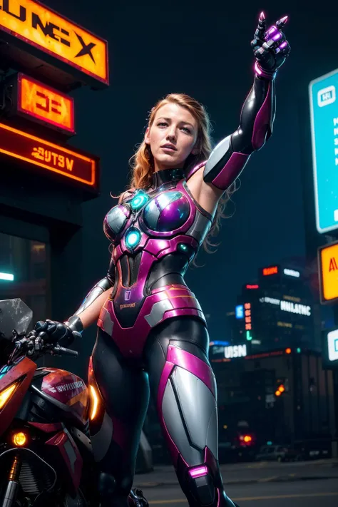award-winning photo of beautiful Olivia Wilde as cyberpunk android, cyborg body, neon cyberpunk background, metallic robot body, polymer weave details, professionally styled hair, authoritative and intimidating, smirk, detailed textures, sharp focus, ultra-high pixel detail, 16k RAW footage, masterpiece