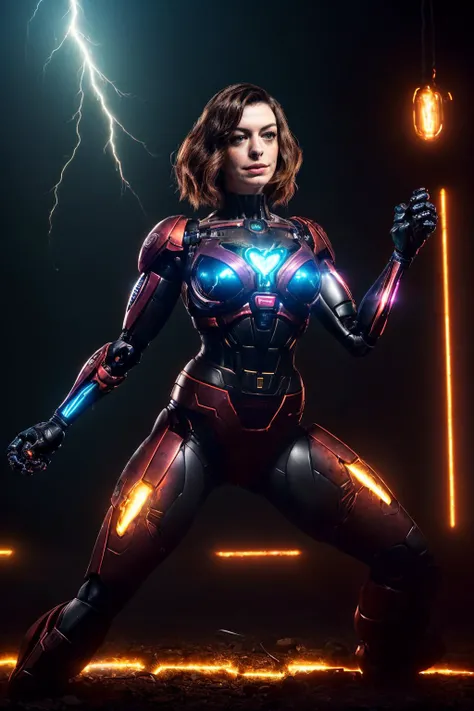 realistic, cinematic photo, ((Anne Hathaway) as cyberpunk JaspionQuiron character, (rusty, damage cybernetic arm), cyberpunk style, dynamic posture , insane level of details, neon light, trending on artstation, cinematic light, side lighting, best shadow, (SteelHeartQuiron character), explosion, fire, electricity, lightning, rampage, metal, wires, tech, futuristic, (explosed body), full body shot, beautiful, cinematic, perfect eyes, perfect face, perfect lighting, a woman with long matted hair, meditating pose, surreal background of dark colours, light shining from above, mystical symbols etched in the background,, <lora:quiron_Jaspion_v1_Lora:0.47>,<lora:quiron_SteelHeart_V1_Lora:0.28>