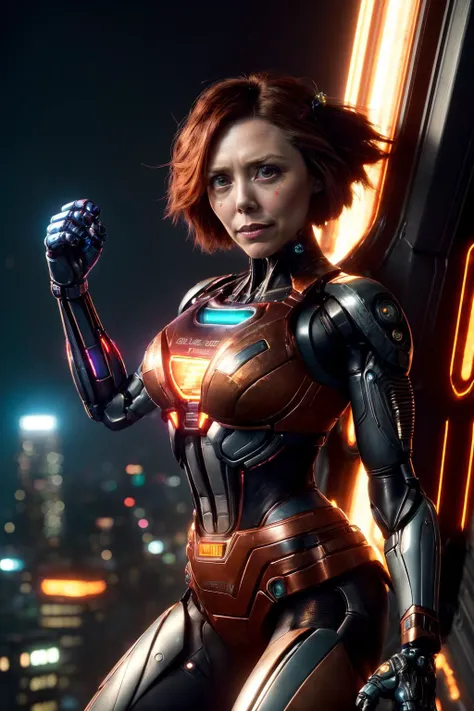 realistic, cinematic photo, ((elizabeth olsen) as cyberpunk JaspionQuiron character, (rusty, damage cybernetic arm), cyberpunk style, dynamic posture , insane level of details, neon light, trending on artstation, cinematic light, side lighting, best shadow, (SteelHeartQuiron character), explosion, fire, electricity, lightning, rampage, metal, wires, tech, futuristic, (explosed body), breathtaking closeup digital art of battle angel alita, cyborg girl, beautiful slender slim alita flying upside down falling down over a cyberpunk city with high rise buidings, perfect beautiful feminine kind face, floating bob cut hair, (fisheye lens:1.2), perspective, curved pose, curved background, sense of speed, shifted lights, side view, dynamic angle, vibrant, beautiful, detailed, artistic, style of neil blevins, style of daniela uhlig., <lora:quiron_Jaspion_v1_Lora:0.47>,<lora:quiron_SteelHeart_V1_Lora:0.28>