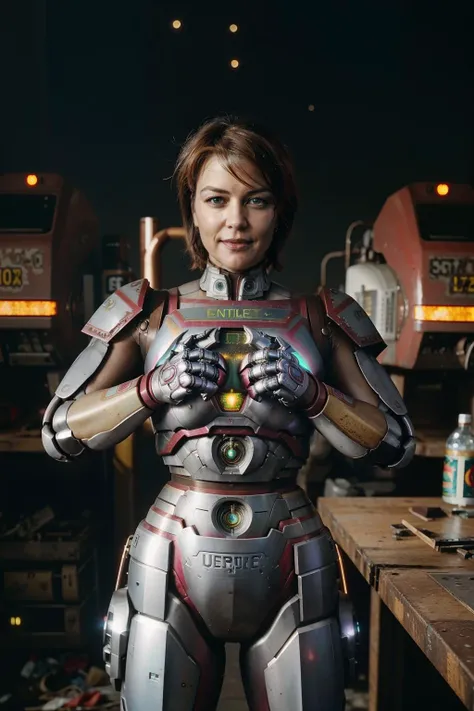 Highest quality　8k Red Mechanic Robot Suit　Glasses　Middle-aged women　Sweaty face　cute　short hair　boyish　Steam coming out of my head　My hair is wet with sweat　The feel of black hair　Full body portrait　My upper body is soaked　　Spread your legs　I can see the vagina　front　Angle from below