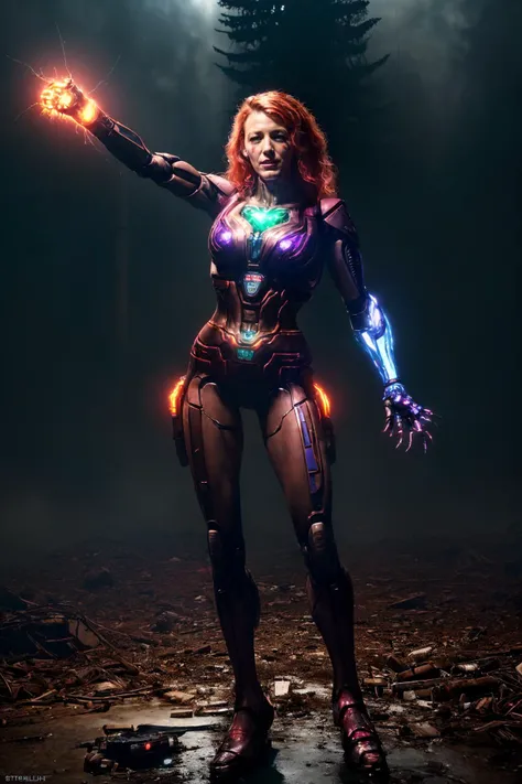 realistic, cinematic photo, ((Blake Lively) as cyberpunk JaspionQuiron character,  (rusty, damage  cybernetic arm),  cyberpunk style,  post-apocalyptic, dynamic posture ,    insane level of details,  neon light,  trending on artstation, cinematic light, side lighting, best shadow,  (SteelHeartQuiron character),  explosion, fire, electricity, lightning, rampage, metal, wires, tech, futuristic, (explosed body),   fantasy, beautiful young (female necromancer) with demonic eyes, magic glow emitting from hands, gore, blood, surrounded by zombies, cold night, rain, forest,, <lora:quiron_Jaspion_v1_Lora:0.57>,<lora:quiron_SteelHeart_V1_Lora:0.28>