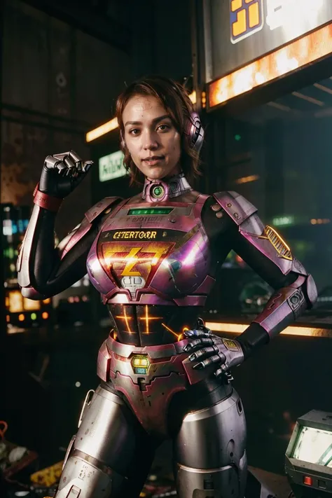 realistic, cinematic photo , (Jessica Alba) as cyberpunk JaspionQuiron character, with rusty and damage cybernetic arm, (cyberpunk style), dynamic posture , neon light, trending art, trending on artstation, Dappled Light, analog style, cinematic light, side lighting, best shadow, (SteelHeartQuiron character, Sorayama Style, metallic chrome), explosion, fire, electricity, lightning, rampage, <lora:quiron_Jaspion_v1_Lora:0.77>,<lora:quiron_SteelHeart_V1_Lora:0.48>