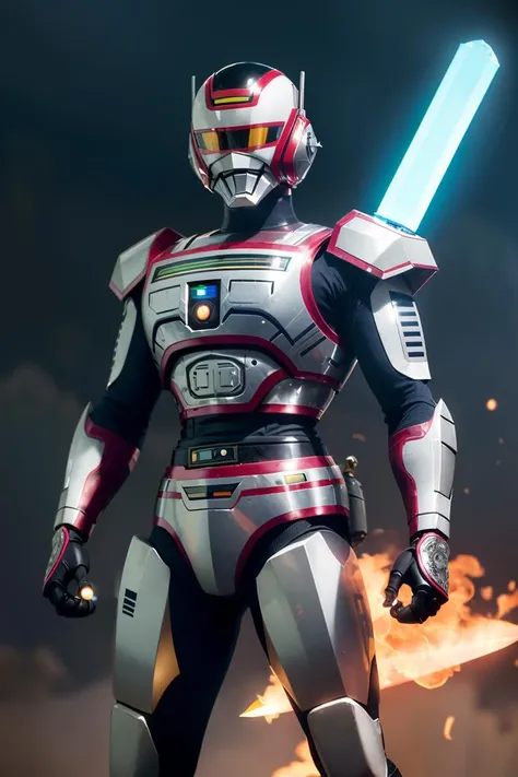 JaspionQuiron character, cinematic, (intricate:1.4), high quality, intricate details, low contrast, lightning, scifi, (best quality:1.33), (masterpiece:1.42), (detailed:1.15), Dappled Light, analog style, cinematic light, side lighting, best shadow, RAW, (Dutch angle:1.1), photoshoot of 1boy, helmet, tokusatsu, armor, solo, upper body, (holding a energy sword on left hand), weapon, glowing eyes, yellow eyes, glowing, <lora:quiron_Jaspion_v1_Lora:0.77>