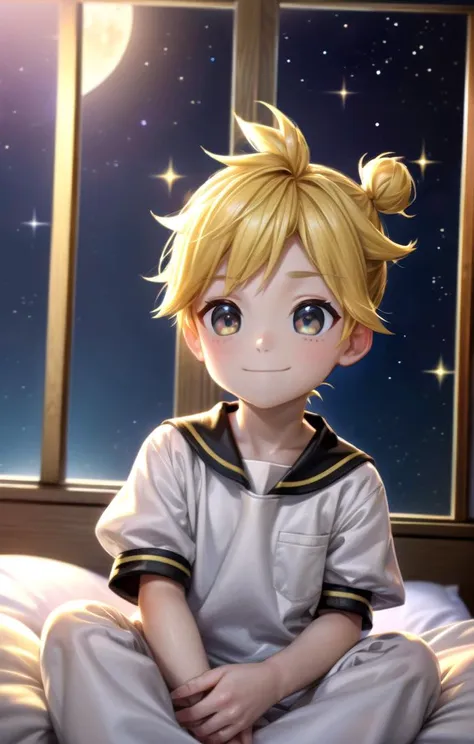 ((masterpiece:1.4,best quality)), <lora:KagamineLenV1:0.7>, 1boy, sailor_collar, Kagamine_Len, yellow hair, (8k:0.7), (dusk:0.6), moon, night, starsm, smile, short sleeve, long pants, (white shirt:1.2),1 boy,multiple details, (cuddle low detailed 1 teddybear,:1.2) multicolored eyes,eyeshadowy, tavern, warm interior, sleepy,bloom, sparkle, sitting leaned back on bed, window
<lora:add_detail>,<lora:kawaiimixNijiV5Cute_v10:0.6>,<lora:custard_cookie:0.5>