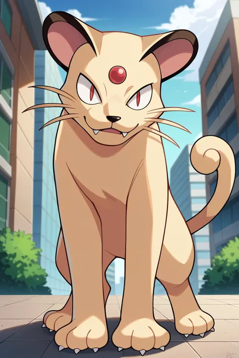 score_9, score_8_up, score_7_up, score_6_up, BREAK persian \(pokemon\), pokemon \(creature\),solo, beige fur, cat, tail, red eyes, slit pupils, city,(fangs out:0.8), whiskers, red forehead jewel,standing, <lora:PersianPony:1>