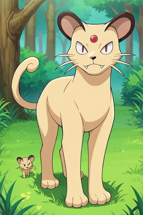 score_9, score_8_up, score_7_up, score_6_up, BREAK official style, persian \(pokemon\), pokemon \(creature\),no humans,solo, beige fur, cat, tail, red eyes, slit pupils,fangs, whiskers, red forehead jewel,nature,tree, grass,full body,  <lora:PersianPony:1>