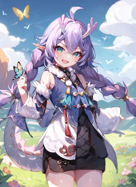 (:1.1), solo, smile, :d, smug,
smile, from side,
bailu,twin braids, (dragon tail:1.0), detached sleeves fur trim chinese clothes yellow tassel, dragon horns,
outdoor, rural style, <lora:bailuHonkaiStarRail0:1> <lora:add_detail:0.2>
butterflies, birds
<lora:SeY-000010:1:MIDDB>