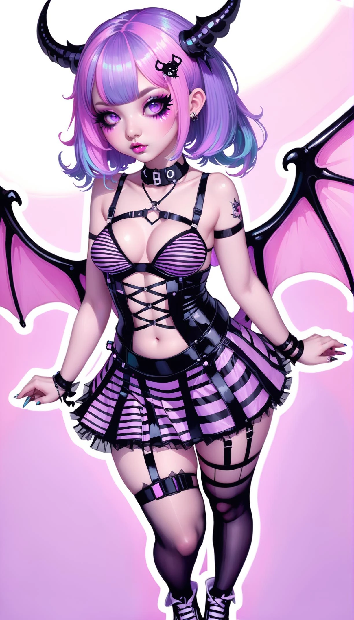 pastel goth punk bad girl, anime style, stripes, pastel and black colors, woman, girl, perfect slim hourglass figure, narrow waist, (engrossing Candycore:1.3) cute succubus, wings, full body, [:seductive, outlandish costume design,:0.2], official art, chinese,  shiny pink lighting from above, on a bountiful pirate ship, bombshell hair, iridescent purple hair, Waist Length Hair, sitting on person<lora:EnvyPastelGoth02-prodigy-batch6:1>