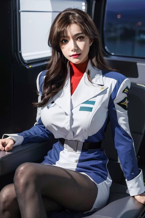 (Night:1.7),a space battleship in space, sitting on a White_armchair,
military uniform, military,jacket,blue and white uniform,Skirt,
<lora:Murrue_Ramius_Destiny-KK77-V1:0.7>, (black_pantyhose:1.3),lipstick,makeup,
bangs,brown_hair, long_hair,red eyes,
,<lora:more_details:0.1>,
1 girl, 20yo,Young female,Beautiful long legs,Beautiful body,
Beautiful Nose,Beautiful character design, perfect eyes, perfect face,expressive eyes,perfect balance,
looking at viewer,closed mouth, (innocent_big_eyes:1.0),(Light_Smile:0.3),
official art,extremely detailed CG unity 8k wallpaper, perfect lighting,Colorful, Bright_Front_face_Lighting,White skin,
(masterpiece:1.0),(best_quality:1.0), ultra high res,4K,ultra-detailed,
photography, 8K, HDR, highres, absurdres:1.2, Kodak portra 400, film grain, blurry background, bokeh:1.2, lens flare, (vibrant_color:1.2),professional photograph,
(Beautiful,huge_Breasts:1.4), (beautiful_face:1.5),(narrow_waist),