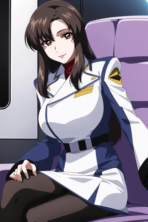 Night, a space battleship in space,
sitting on a White_armchair,
military uniform, military,jacket,blue and white uniform,Skirt,
<lora:Murrue_Ramius_Destiny-KK77-V1:0.7>, (black_pantyhose:1.3),
bangs,brown_hair, long_hair,red eyes,lipstick,makeup,
1 girl,27yo,female,Beautiful Finger,Beautiful long legs,Beautiful body,Beautiful Nose,Beautiful character design, perfect eyes, perfect face, Japanese,cosplay,
looking at viewer, (innocent_big_eyes:1.0),alluring,embarrassed, shy,light smile,
official art,extremely detailed CG unity 8k wallpaper, perfect lighting,Colorful, Bright_Front_face_Lighting,
(masterpiece:1.0),(best_quality:1.0), ultra high res,4K,ultra-detailed,
photography, 8K, HDR, highres, absurdres:1.2, Kodak portra 400, film grain, blurry background, bokeh:1.2, lens flare, (vibrant_color:1.2)
(Beautiful,large_Breasts:1.4), (beautiful_face:1.5),(narrow_waist),