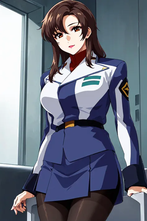 military uniform, military,jacket,blue and white uniform,Skirt,
<lora:Murrue_Ramius_Destiny-KK77-V1:0.7>, (black_pantyhose:1.3),
bangs,brown_hair, long_hair,red eyes,lipstick,makeup,
1 girl, 20yo,Young female,Beautiful Finger,Beautiful long legs,Beautiful body,Beautiful Nose,Beautiful character design, perfect eyes, perfect face,expressive eyes, looking at viewer, in the center of the image,(light_smile:0.5), official art,extremely detailed CG unity 8k wallpaper, perfect lighting,Colorful, Bright_Front_face_Lighting,shiny skin, (masterpiece:1.0),(best_quality:1.0), ultra high res,4K,ultra-detailed, photography, 8K, HDR, highres, absurdres:1.2, Kodak portra 400, film grain, blurry background, bokeh:1.2, lens flare, (vibrant_color:1.2) (Beautiful,large_Breasts:1.0), (beautiful_face:1.5),(narrow_waist)