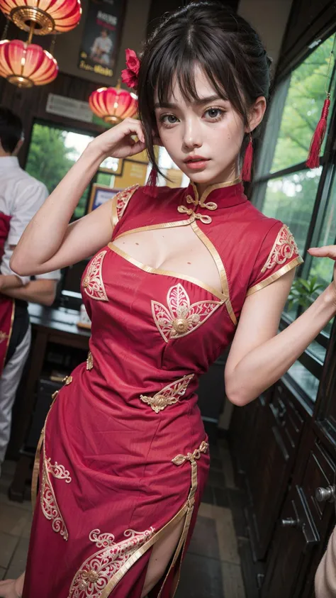 (8k, RAW photo, best quality, masterpiece:1.2), (realistic, photo-realistic:1.4), (extremely detailed 8k wallpaper), Japanese 20 age woman,she is wearing a cheongsam,The background is Chinatown,Her beautiful legs attract attention from all around her.She is embarrassed by the gaze of those around her