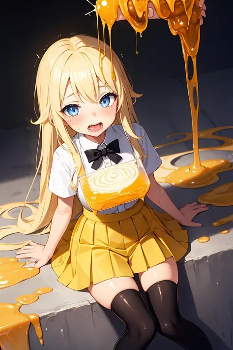 1girl, pleated skirt, black legwear, long hair, blue eyes, cute face, honey, <lora:suggestive_liquid_v1.1:1> dripping, suggestive fluid,