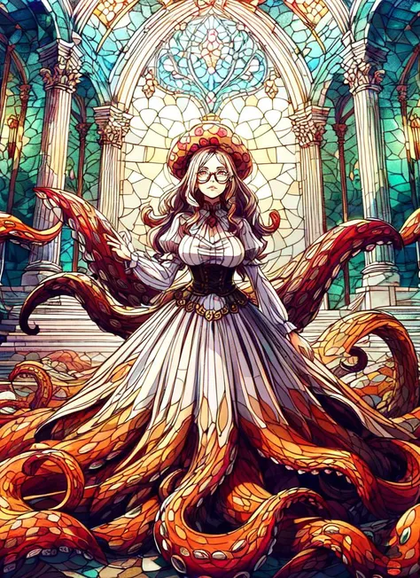 ((best quality)), ((highly detailed)), masterpiece, absurdres, detailed face, beautiful face, (detailed eyes, deep eyes), <lora:more_details:.5>, (1girl), (glasses), dynamic pose, cowboy shot, <lora:aiomonstergirls_loraLocon:1>, (((scylla))), (((octopus girl))), standing, (tentacles:1.33), (suction cups:1.33), (fused:1.33), ((tentacle legs)), medium breasts, (long skirt), partially underwater, (indoors, on a stairway), <lora:Glass paintingV1:.7>, stained glass painting, blh