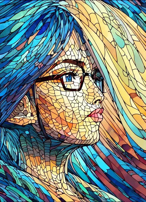 ((best quality)), ((highly detailed)), masterpiece, absurdres, detailed face, beautiful face, (detailed eyes, deep eyes), (1girl), (glasses), fisheye lense, upper body, schoolgirl, (indoors, on a train), <lora:Glass paintingV1:.9>, stained glass painting, blh