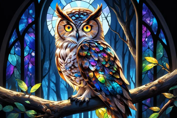 night time, moonlight, an owl made of stained glass sitting on a branch in a forest, owl's feathers are made of stained glass, intricate detail on the glass, highly detailed owl, amazingly detailed feathers, luminous eyes, luminous eyes, ultra realistic, hyperrealism, <lora:Glass paintingV1:1> stained glass painting, colorful, nature