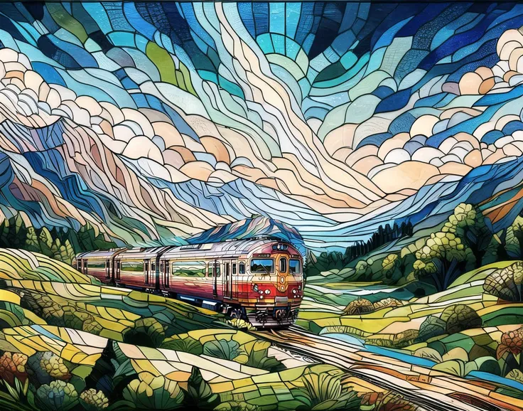 masterpiece, best quality, (train:1.2),stained glass painting, blh,8K,HD, <lora:Glass paintingV1-000016:0.9>,