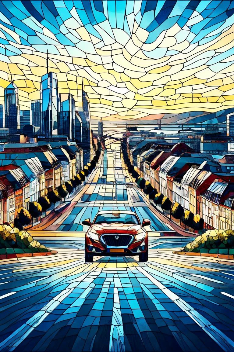 masterpiece, best quality, (The car was driving on the city road:1.2), full body,stained glass painting, blh,8K,HD,<lora:Glass paintingV1-000016:0.8>