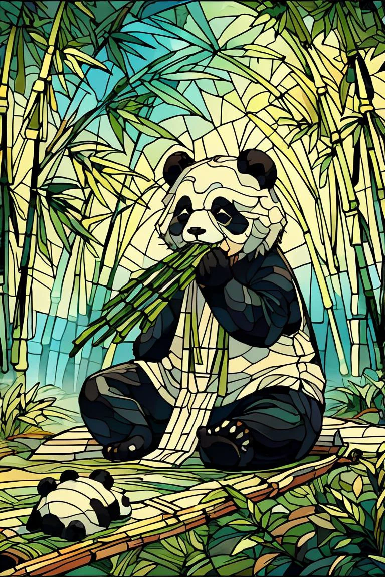 masterpiece, best quality, (The panda is eating bamboo:1.2),full body,stained glass painting, blh,HD,chibi, <lora:Glass paintingV1-000016:0.8>