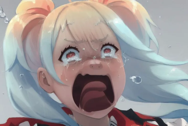 ((high resolution, masterpiece, perfect face, high quality)), anime,  <lora:Shiva:.9> <lora:concept_aquascreaming:1>, Shivapso, twintails, headgear, white dress, cape ((cartoon, aquascreaming, screaming, open mouth, crying with eyes open, parody)), red eyes