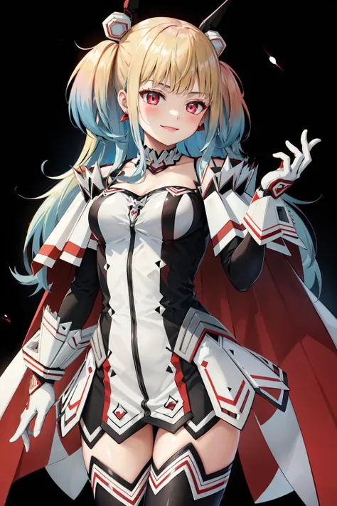 masterpiece, best quality, absurdres, perfect anatomy, 1girl, solo, ShivaPSO, long hair, twintails, black thighhighs, white, gloves, white dress, cape, headgear, earrings, smile, standing, <lora:Shiva-06:1>