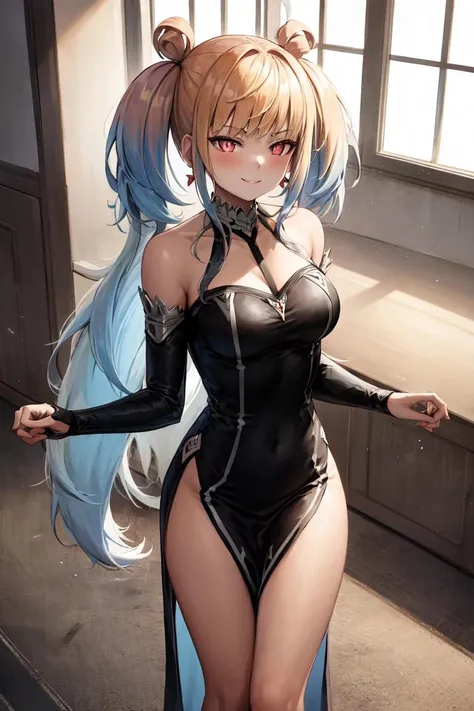 masterpiece, best quality, absurdres, perfect anatomy, 1girl, solo, ShivaPSO, long hair, twintails, elegant, long dress, black dress, halterneck, smile, indoors, palace, jewelry, standing, <lora:Shiva-06:1>