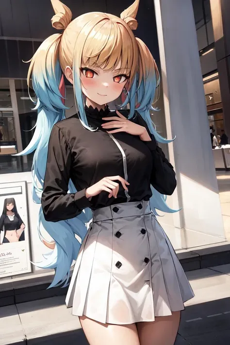 masterpiece, best quality, absurdres, perfect anatomy, 1girl, solo, ShivaPSO, long hair, twintails, high-waist skirt, long skirt, white skirt, black shirt, long sleeves, smile, standing, indoors, shopping mall, <lora:Shiva-06:1>