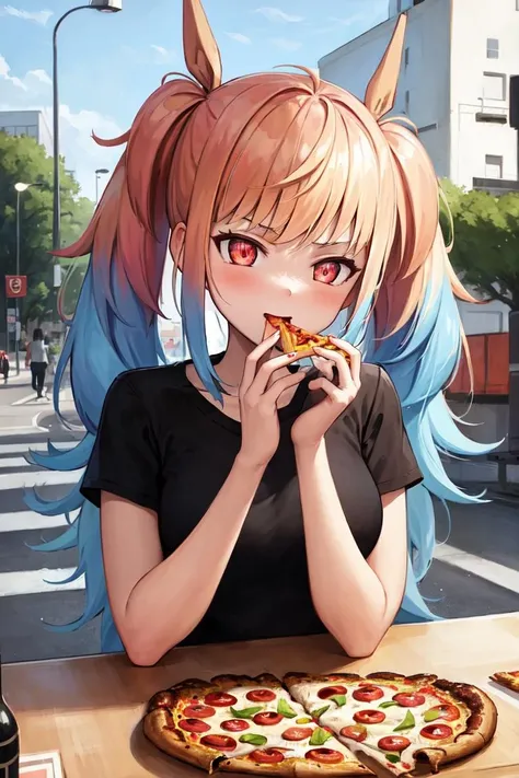 masterpiece, best quality, absurdres, perfect anatomy, 1girl, solo, ShivaPSO, long hair, twintails, t-shirt, eating, table, upper body, pizza, happy, lamp, outdoors, street, lamppost, <lora:Shiva-06:1>