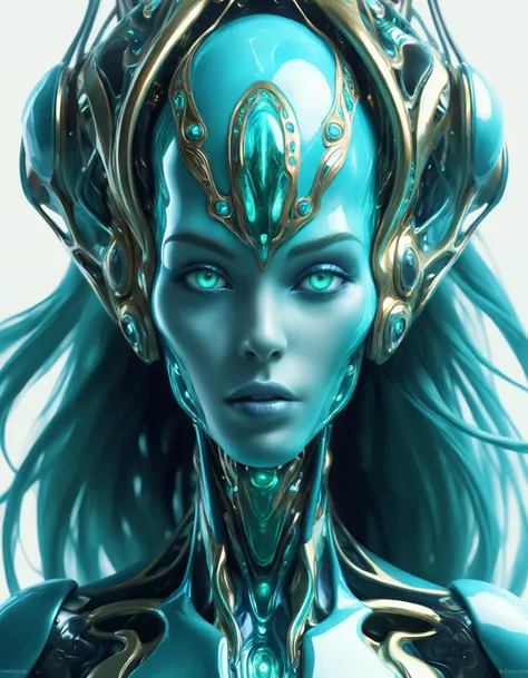 Undersea adventure Vivid aqua Jeweled face Alien cyborg Flowing hair Menacing machine Sophisticated design Dynamic energy Superhuman strength Fractal beauty