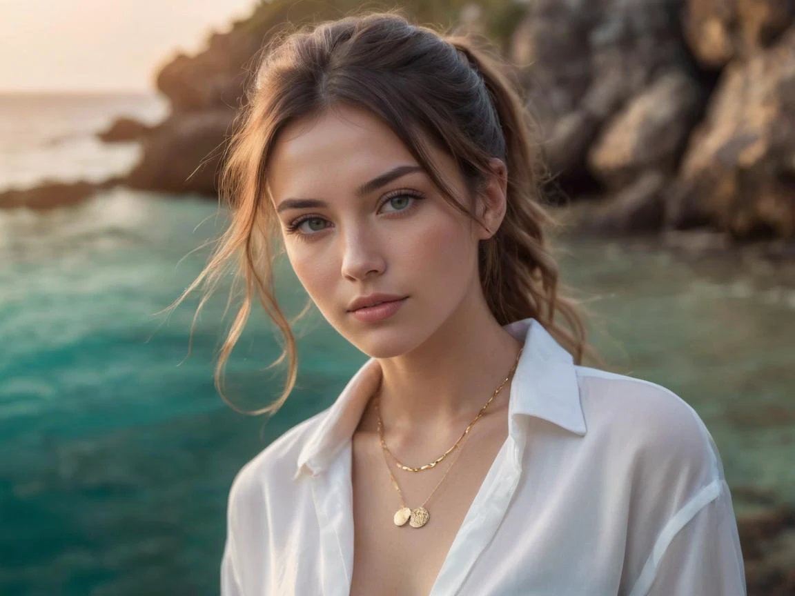 a professional (full body photo:1.9) of a woman (Paola Castro a woman from costa rica:1.2) (wearing (Minimalist muse), (a white silk blouse), (black tailored trousers), (black loafers), (a delicate gold necklace), (hair styled in a simple bun) and Sneakers:1.2) shot on Canon EOS 90D DSLR Camera by Philippe Halsman, (30 years old, wrinkle forehead, (perfect skin:0.4), (wrinkles:0.6), (skin imperfection:0.8):1.4), (Ombre (mid-back length:1.2) Bangs hair), green brown eyes eyes, (Confident, Athletic, Energetic), promoting body positivity, medium breasts, feeling Sympathy, vibrant coral reefs and clear turquoise waters of the Great Barrier Reef, Australia, teeming with marine life, (underwater wonder:1.4), (biodiversity hotspot:1.3), (colorful marine world:1.3), (serene:1.2), (tropical paradise:1.3), sunset,detailed eyes, detailed face, detailed skin, perfect hands, perfect feets, photo, high skin detail, moles, imperfect skin, ultra realism, RAW photo, subsurface scattering