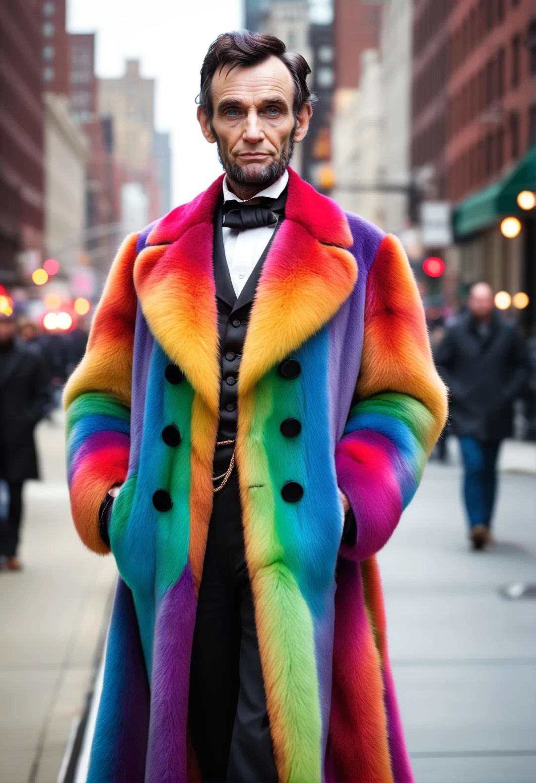 Fashion photography, professional magazine cover style photo, Abraham Lincoln, stylish pose, the year 1860, bustling New York city street background, wearing a giant furry rainbow pimp coat, sophisticated, bold, bokeh, highly detailed, cinematic lighting <lora:add-detail-xl:1.4> <lora:MJ52:0.3>