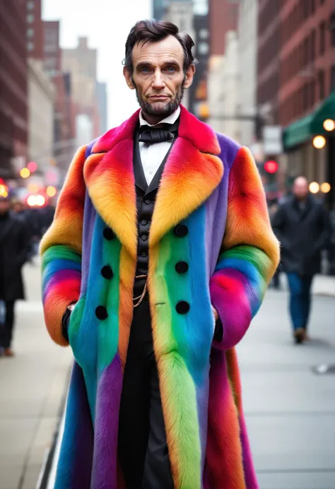 Fashion photography, professional magazine cover style photo, Abraham Lincoln, stylish pose, the year 1860,  bustling New York city street background, wearing a giant furry rainbow pimp coat, sophisticated, bold, bokeh, highly detailed, cinematic lighting <lora:add-detail-xl:1.4>  <lora:MJ52:0.3>