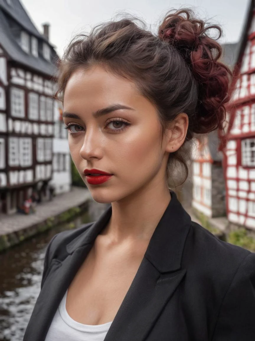 a professional (full body photo:1.9) of a woman (Ida Hansen a woman from denmark:1.2) (wearing (Black blazer) (white t-shirt) (black leggings) (black boots) (red lipstick) (hair in messy bun) and Russian boots:1.2) shot on Fujifilm XT3 by Sumit Gupta, (28 years old, wrinkle forehead, (perfect skin:0.8):1.4), (henna (chin length:1.2) Afro, Natural, voluminous, and curly texture hair), brown eyes eyes, (Muscular, Toned, Powerful), promoting body positivity, tiny breasts, feeling Suspicious, charming village of Monschau, with half-timbered houses reflected in the Rur River, (quaint beauty:1.4), (riverside tranquility:1.3), (storybook setting:1.3), (cobblestone streets:1.2), (historic charm:1.3), twilight,detailed eyes, detailed face, detailed skin, perfect hands, perfect feets, photo, high skin detail, moles, imperfect skin, ultra realism, RAW photo, subsurface scattering