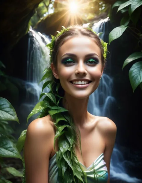 Radiant smile Radiant energy Natural light Mysterious aura Creative nook Artistic makeup Rich shadows Waterfall cascade Alien landscape lush greenery
