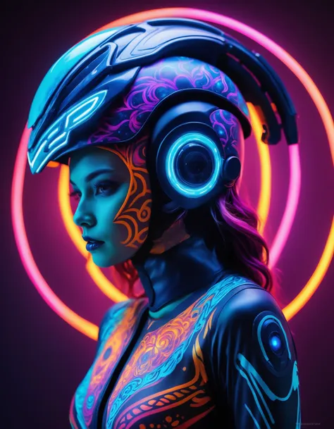 Glowing rope Ripple effect Iconic headlamps body paint Vivid colors Elegant suit Galactic mandala Mythical chimera Vibrant contrasts Futuristic helmet