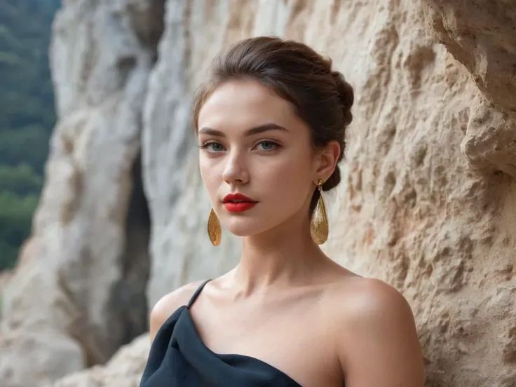 a professional (full body photo:1.9) of a woman (Iryna Ponomarenko a woman from ukraine:1.2) (wearing (a black one-shoulder gown), (gold strappy heels), (teardrop earrings), (a gold clutch), (bold red lipstick), (sleek low bun). and Espadrilles:1.2) shot on Hasselblad by MÃ¡ria Å varbovÃ¡, (30 years old, wrinkle forehead, (perfect skin:0.4), (wrinkles:0.6), (skin imperfection:0.8):1.4), (gray (Armpit length:1.2) Pageboy head  hair), green brown eyes eyes, normal figure, promoting body positivity, medium breasts, feeling Depressed, (cave), (rock formations, stalactites), (mysterious, otherworldly), (cool, blue), sourrounded by (bats, cave features), and in the background (cave vista)., in the morning,detailed eyes, detailed face, detailed skin, perfect hands, perfect feets, photo, high skin detail, moles, imperfect skin, ultra realism, RAW photo, subsurface scattering