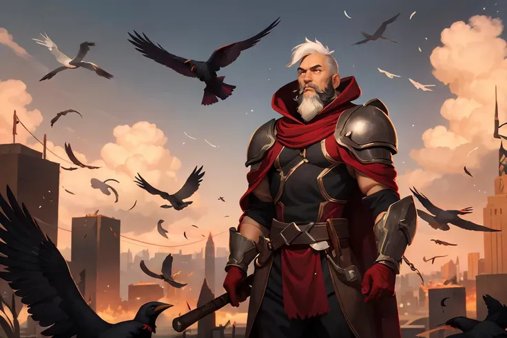HEZI, LOL, \\\(lol style\\\), game cg, bird, crow, 1boy, male focus, armor, solo, white hair, long hair, cloud, gloves, sky, feathers, facial hair, belt, outdoors, beard, building, standing, cloudy sky, animal, glowing, hood, city, cape, red eyes, closed mouth, flying, gauntlets, magic, <lora:çåç³»åââLOLç¾å®£æ°å´è´¨æ(诺å
è¨æ¯):0.6>