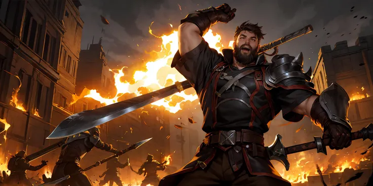 HEZI,LOL,\\\(lol style\\\),game cg,weapon,male focus,holding,axe,beard,armor,facial hair,pants,multiple boys,belt,1boy,holding weapon,polearm,sword,fire,open mouth,outdoors,2boys,gauntlets,brown hair,glowing,gloves,muscular,black hair,black pants,manly,glowing eyes,short sleeves,battle,halberd,helmet,solo focus,brown pants,teeth,muscular male,clenched hand,scar across eye,short hair,shirt,fighting,arm up,shoulder armor,<lora:LOL诺å
è¨æ¯(8bit)-000009:0.6>,