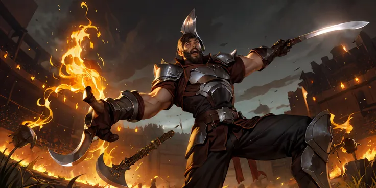 a character in a fantasy setting with a sword and armor on a fire background with a huge fireball, (1boy:0.831), (blue eyes:0.771), (cowboy hat:0.627), (dual wielding:0.516), (gloves:0.553), (gun:0.986), (handgun:0.833), (hat:0.800), (holding:0.855), (holding gun:0.726), (holding weapon:0.620), (long hair:0.543), (male focus:0.765), (pistol:0.554), (revolver:0.553), (solo:0.864), (sword:0.770), (weapon:0.998)