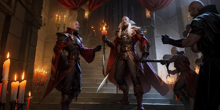 HEZI, LOL, \\\(lol style\\\), game cg, candle, bald, multiple boys, stairs, candlestand, gloves, bowing, white hair, facial hair, white gloves, male focus, holding, boots, mustache, 6+boys, long hair, curtains, colored skin, weapon, fire, whip, long sleeves, knife, standing, pants<lora:LOL诺å
è¨æ¯(8bit)-000010:0.65>,