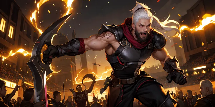 HEZI, LOL, \\\(lol style\\\), game cg, male focus, teeth, ponytail, long hair, 1boy, muscular, weapon, glowing eyes, claw \(weapon\), claws, glowing, gloves, facial hair, solo focus, red eyes, manly, topless male, multiple boys, clenched teeth, purple hair, armor, running, sharp teeth, pants, muscular male, white hair, crowd, battle, open mouth, multicolored hair, tattoo, beard,<lora:LOL诺å
è¨æ¯(8bit)-000009:0.6>,