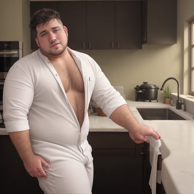 masterpiece, best quality, highres, oil painting, 1boy, handsome chubby man, white union suit, ((blue eyes)), bare stomach, very short black hair with shaved sides, (kitchen background), counter, sink, octane, 8k,