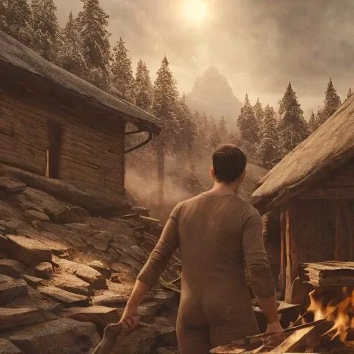 A closeup photo of an attractive man wearing a union suit with a dick print <lora:unionsuits_v15:1> , chest hair, mustache, cabin in the woods background, chopping wood, ruggedly handsome, morning, (extremely detailed 8k), professional majestic oil painting by Ed Blinkey, Atey Ghailan, Studio Ghibli, by Jeremy Mann, Greg Manchess, Antonio Moro, trending on ArtStation, trending on CGSociety, Intricate, High Detail, Sharp focus, dramatic, photorealistic painting art by midjourney and greg rutkowski, homoerotic, (from_below:1.1)