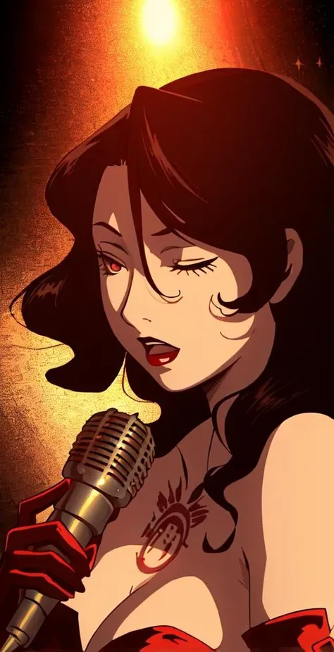 Lust, 1girl, solo, looking at viewer, portrait, big breasts, ((eyes closed)), ((singing)), chest tattoo, lips, ((red shiny glitter strapless vintage slip)), gloves, ((stage light)), ((microphone)), ((red curtain background)), perfect quality, good quality, masterpiece, HDR, UHD <lora:Lust:0.75>
