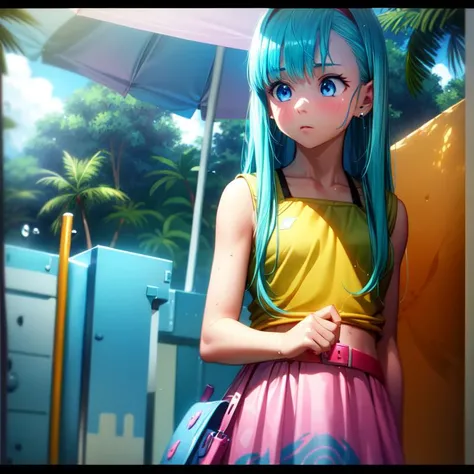 (dragon ball z, anime)    ( cloudy blue sky, beach , sand, palm trees )   (Bulma ,1girl ,  blue long hair, bangs, blue eyes, ( pink dress, belt on stomach )  , small diamond earrings )   <lora:add_detail:0.6> (water, aqua, sweaty,)  (sun cream) ( umbrella shade) (  ( sun  burn skin) ( tanned skin), pink minidress (adult girl in her 20s)
 (WATER DROPS )   <lora:bulma_v1_1:0.6>  (upperbody portrait )