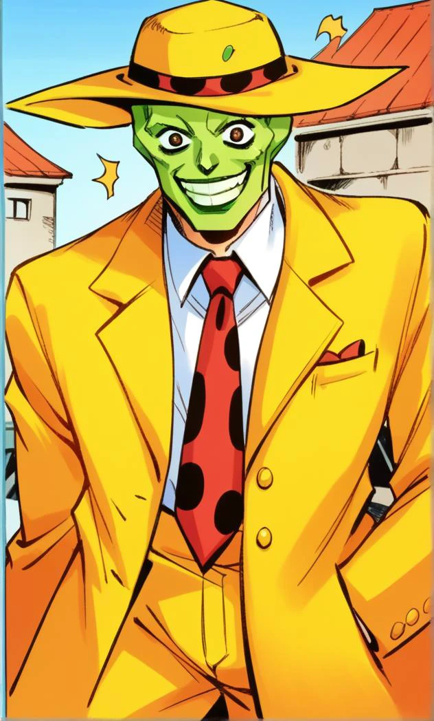 score_5, score_6, score_7, score_9, score_8_up, source_anime, <lora:j0j0styl3v1SDXLpony:1.0>, j0j0styl3, BREAK , 1boy, solo, /(/The mask)/, a man wears a yellow suit and a hat with feather, red tie, green skin, green mask, cowboy shot, smile, big smile, teeth, wide eyes, happy, <lora:The_mask_-_pony:1>,